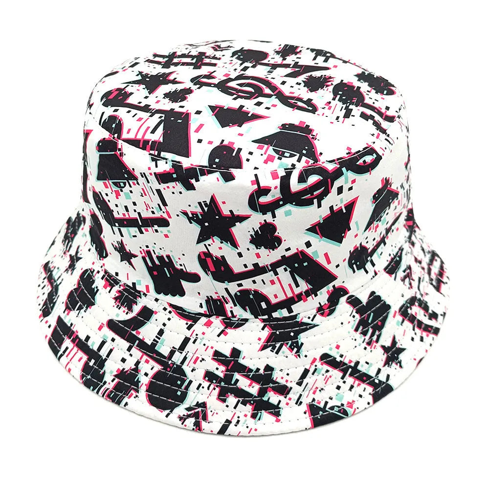 White bucket hat with black musical note pattern print, dome crown, and medium size label.