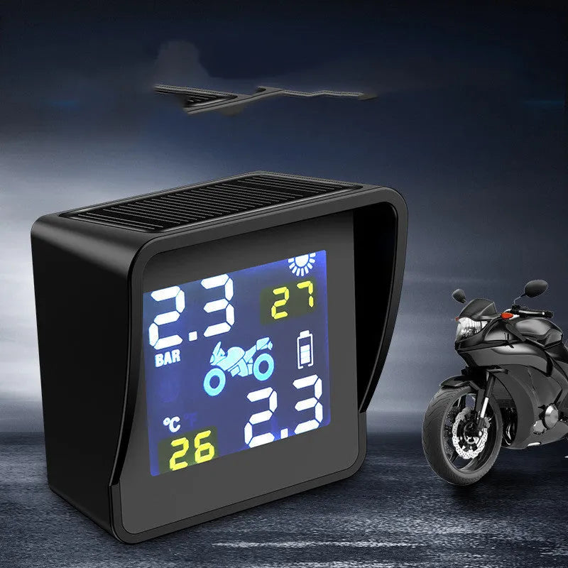 Black solar motorcycle tire pressure monitor with digital display and PC casing, 0.1-6.0BA range