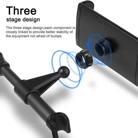 Black plastic car phone holder attached to a vehicle rear seat base holding a tablet