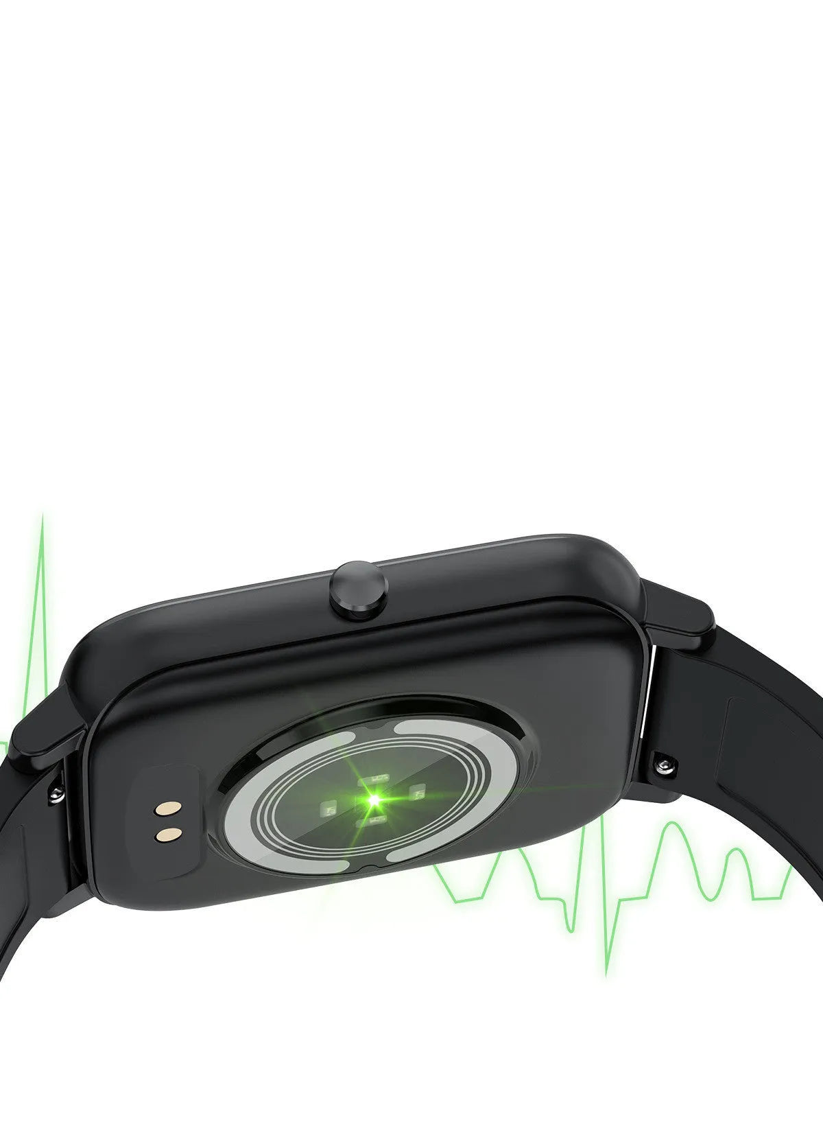 H80 smartwatch with black silicone strap showing ECG and heart rate data on its 1.69-inch screen.