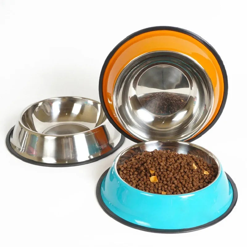 Stainless steel and colourful melamine dual-piece pet bowl with non-slip rubber base.