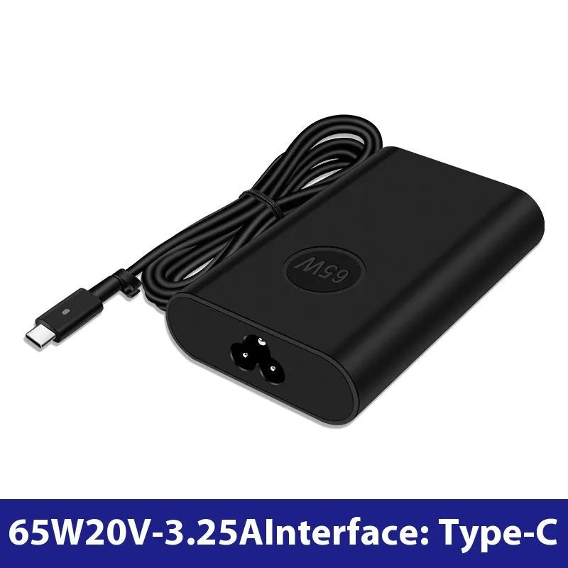 Black 65W USB-C laptop power adapter with a set of international plug cords including UK, US, EU, AU, and ZA types.