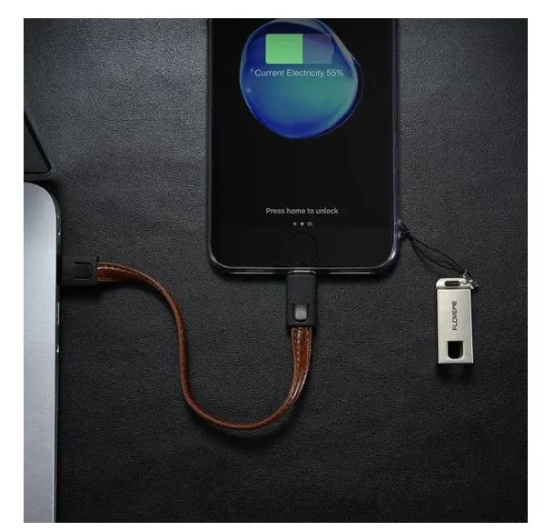 20cm leather USB-C to Lightning charging cable for iPhone in black, brown, or red colours
