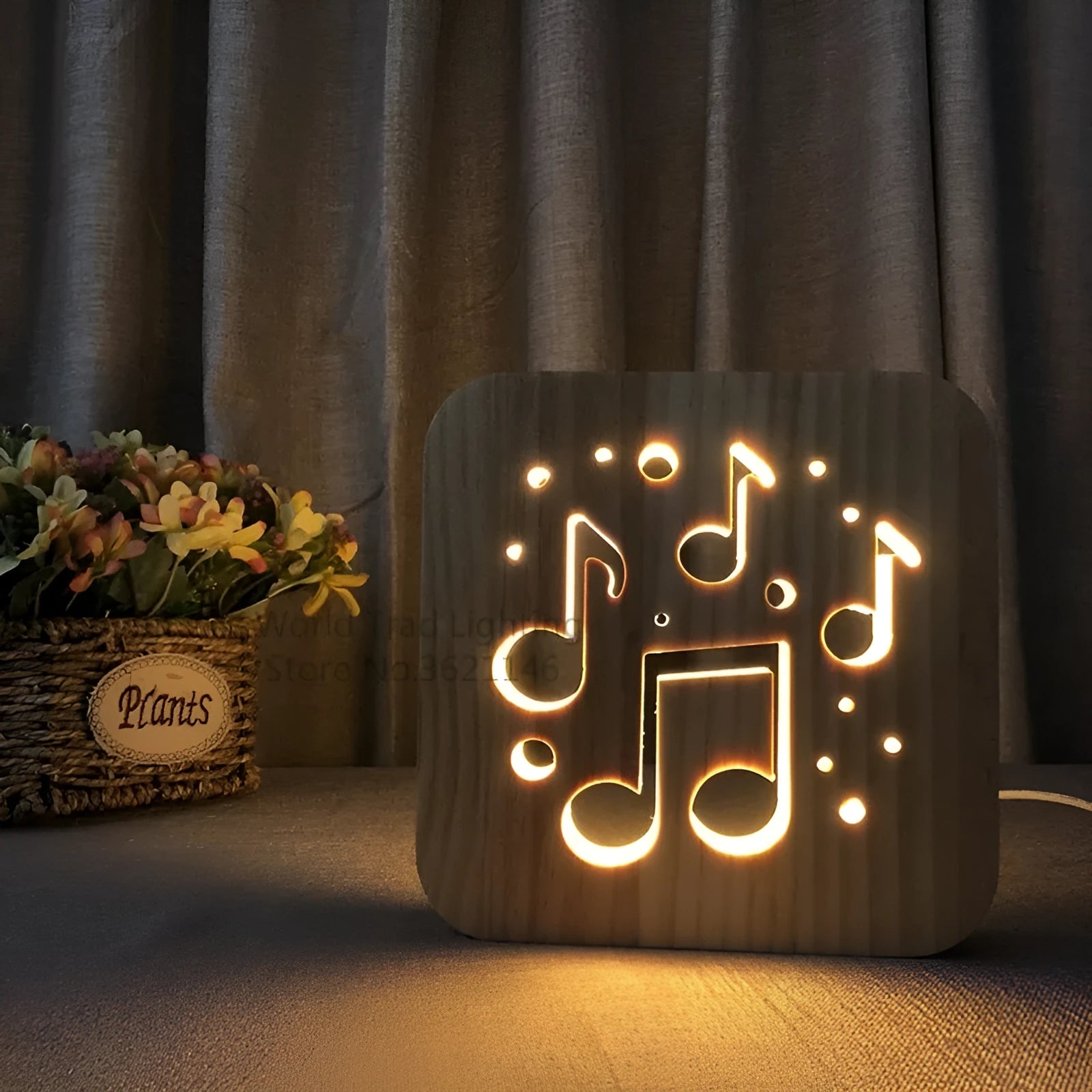 Square pine wood USB LED lamp emitting warm white 3D pattern light on a dark surface.