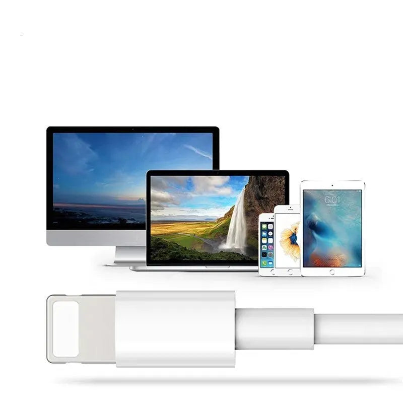 White Apple Lightning charger cable head compatible with iPhone, shown in 1m and 2m length options