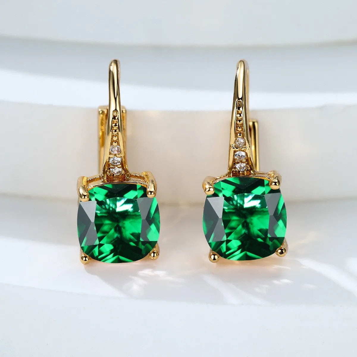 Square geometric ear hooks with round zircon inlays in gold, platinum, or rose gold finish