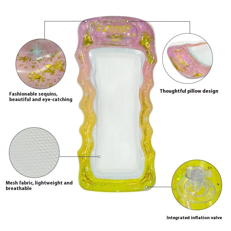 PVC thick sequins wave inflatable floating row with mesh deck chair in gradient colours