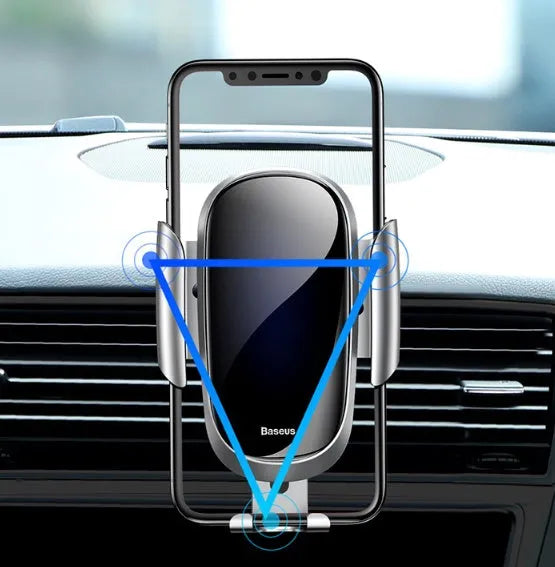 Universal car phone bracket in black mounted on a vehicle dashboard