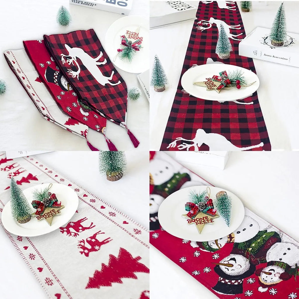 Christmas table runner with elk and snowman design on cotton linen fabric