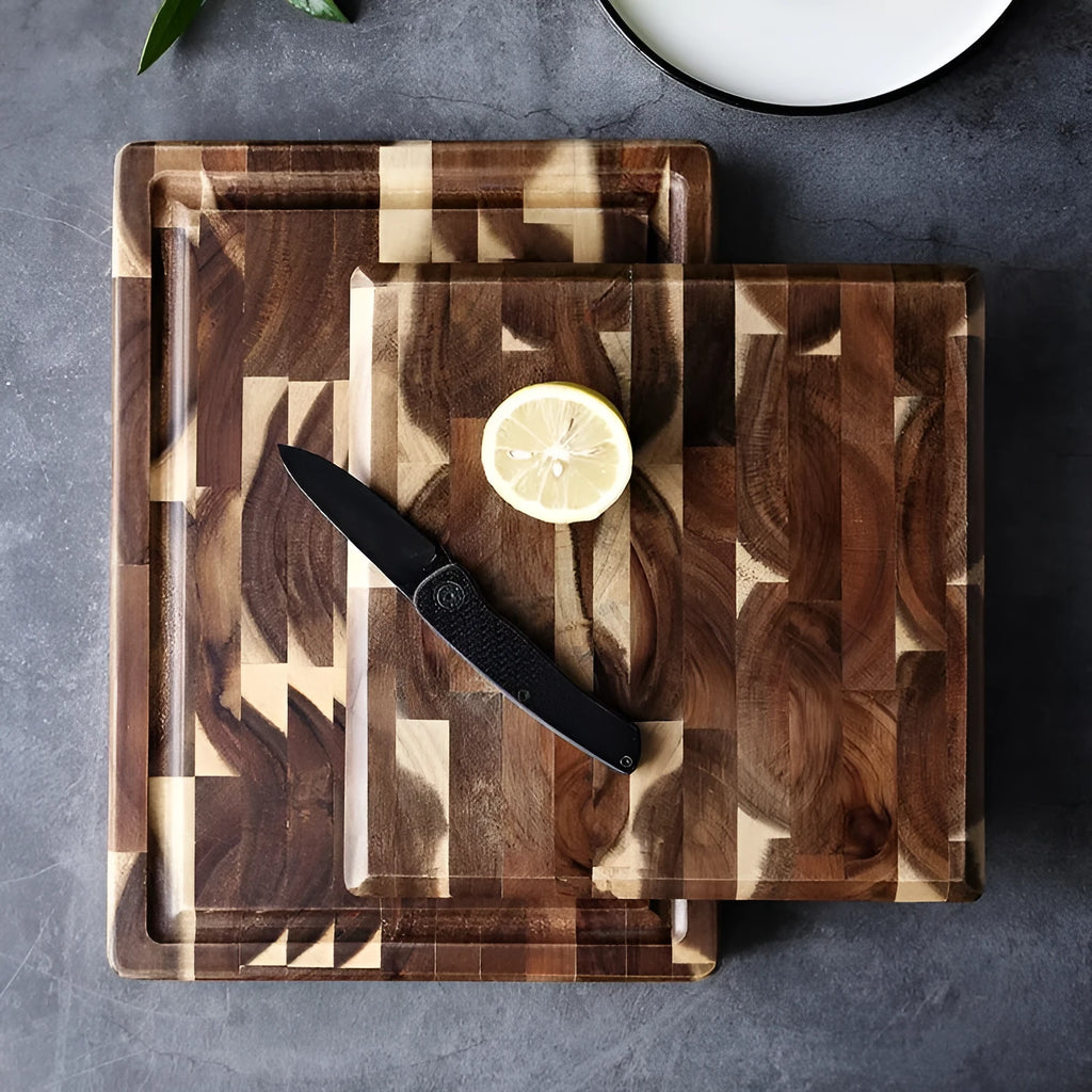 Brown parquet-pattern solid wood chopping board with 3cm thickness on a kitchen counter.