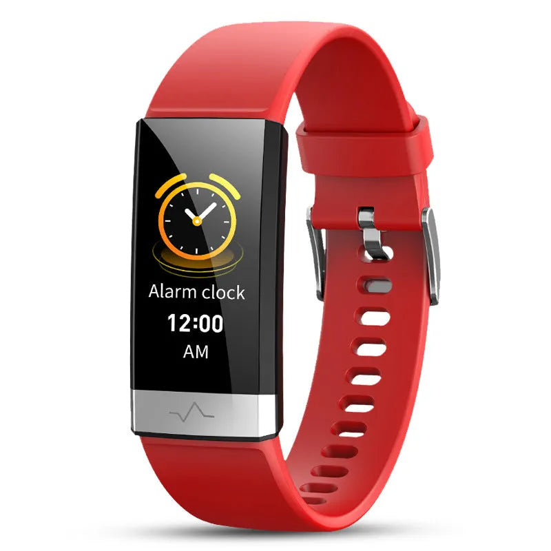 V19 smart fitness bracelet with coloured TPU strap on a wrist, showing its display and ECG sensor.