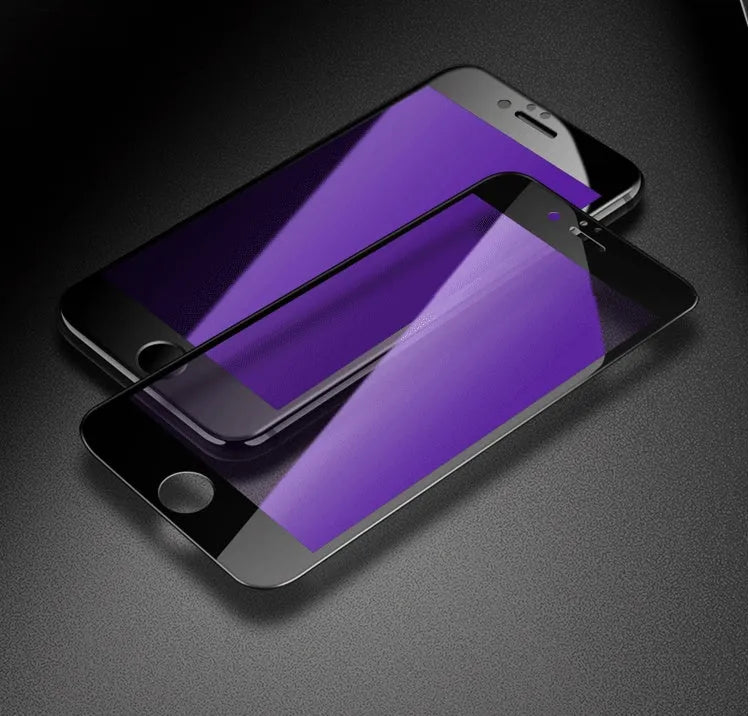 Black and white tempered glass screen protector for iPhone models showing soft edge HD and 3D carbon fibre design
