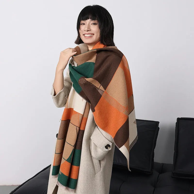 Long beige cashmere-like polyester scarf in a European chic style, laid flat to show its 185cm length.