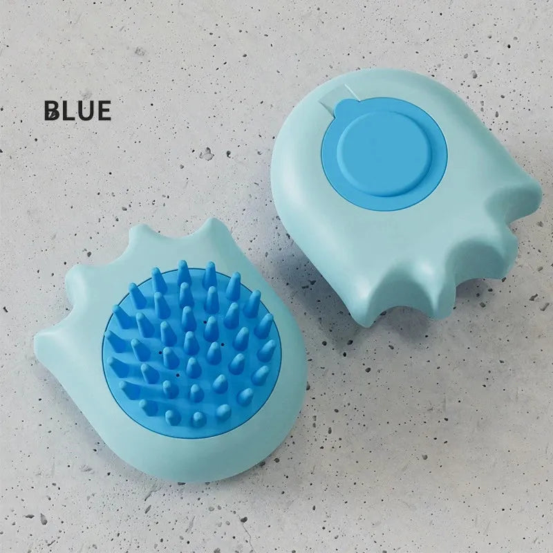 Pet bath brush massage comb with integrated shampoo box in blue, orange, and yellow colour options