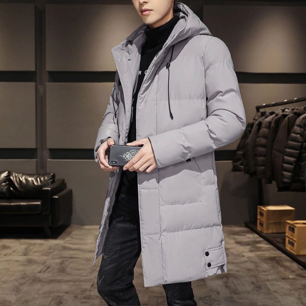 Men's thickened hooded cotton coat in black, green or grey, 65cm length, sizes M to 8XL
