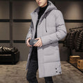 Men's thickened hooded cotton coat in black, green or grey, 65cm length, sizes M to 8XL