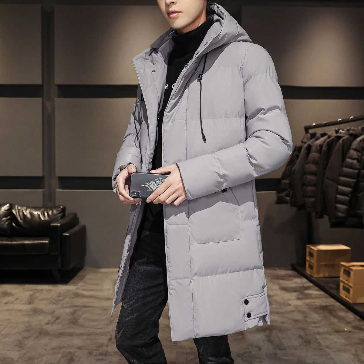 Men's thickened hooded cotton coat in black, green or grey, 65cm length, sizes M to 8XL