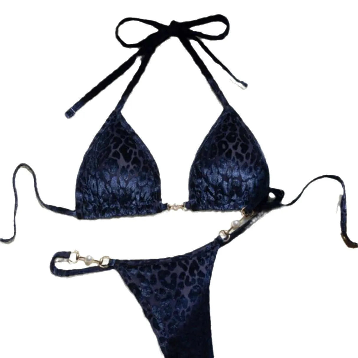 Women's blue leopard print T-shaped swimwear bikini set made from polyester and spandex fabric.