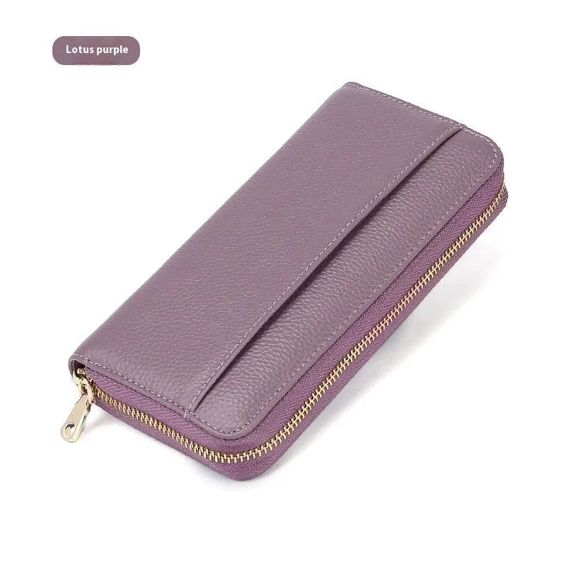 Long genuine leather women's wallet showing six colour options with anti-theft card swiping feature