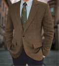 Men's brown herringbone pattern business casual jacket with flax lining and long sleeves