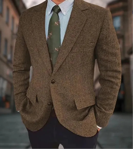 Men's brown herringbone pattern business casual jacket with flax lining and long sleeves