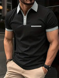 Men's casual short sleeve shirt with chest pocket and zipper decorations in a loose fit.
