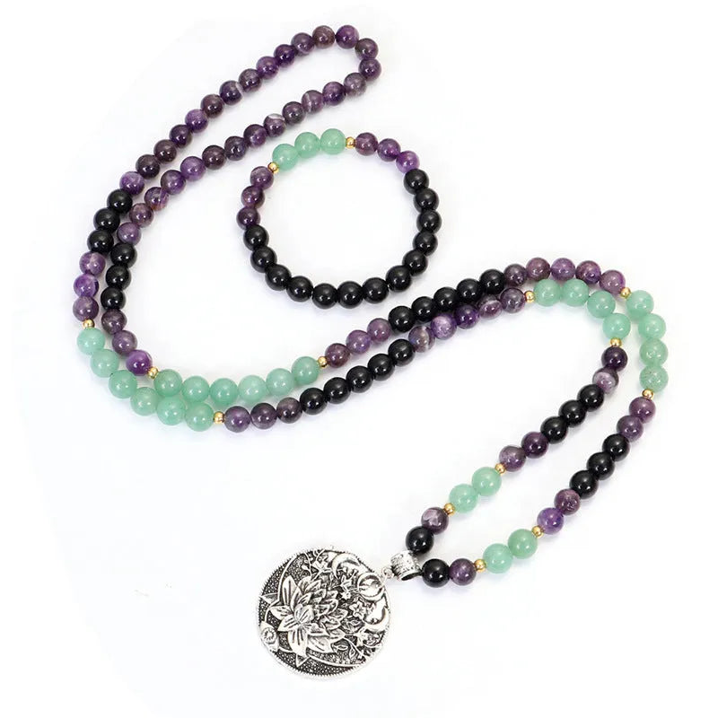Long yoga lotus pendant necklace and matching bracelet set with adjustable length and handmade stone beads
