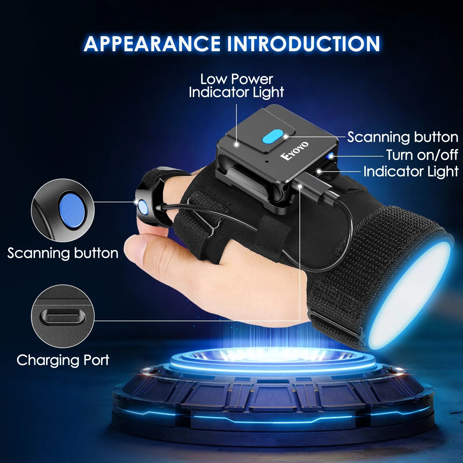 Bluetooth scanning gloves with integrated wrist-mounted barcode reader showing wireless handheld scanner design