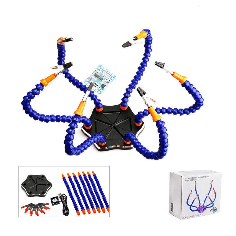 Black or purple aluminium alloy six-claw welding station with seven auxiliary arms for model soldering.