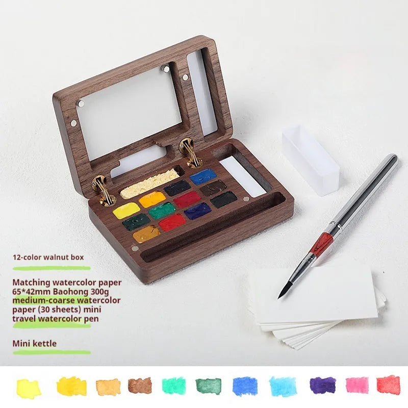 Mini wooden watercolour paint box with choice of pigment suit styles including Holbein and Schminke.