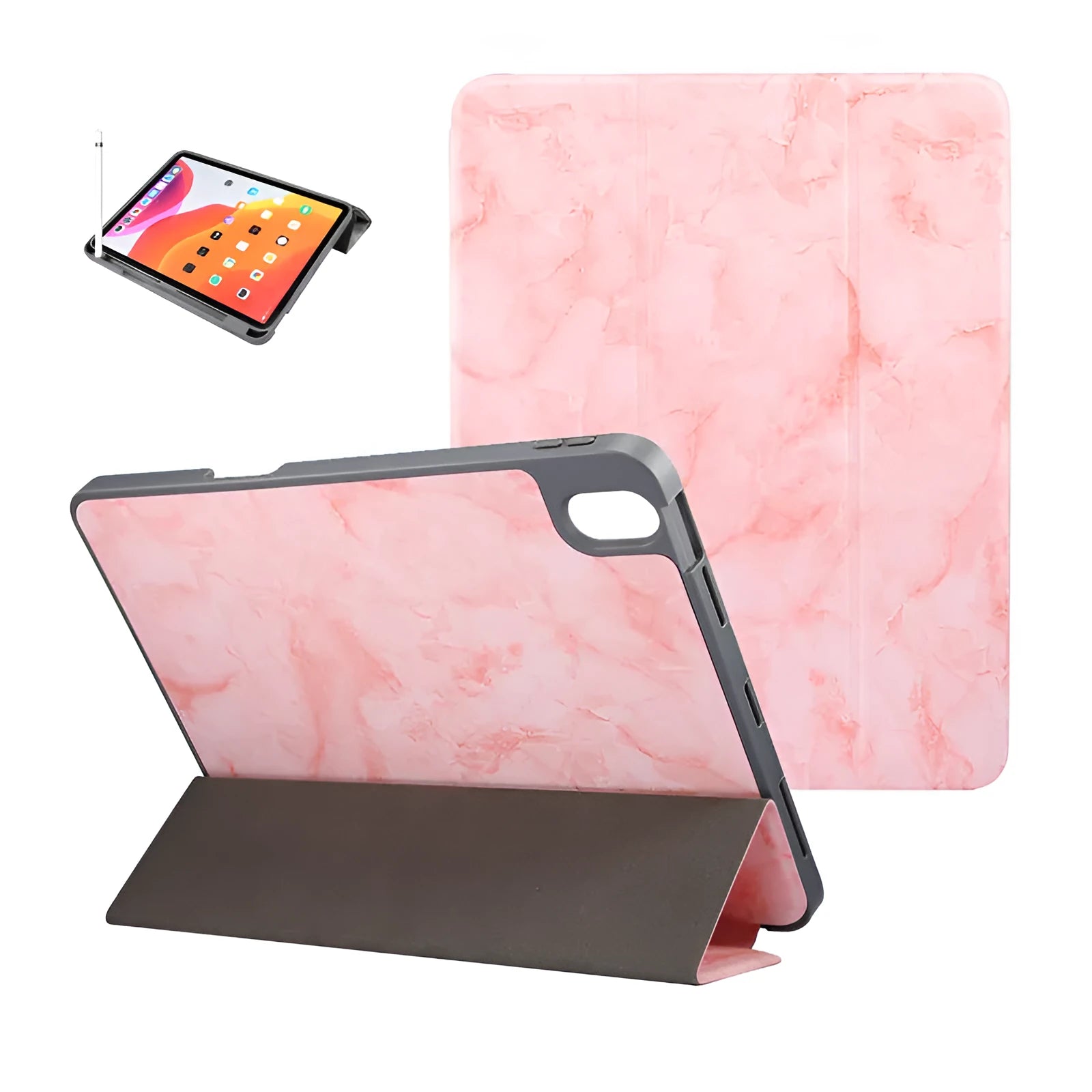 Tri-fold marbling pattern leather-style iPad case in dark grey, showing the integrated pen slot on the side.