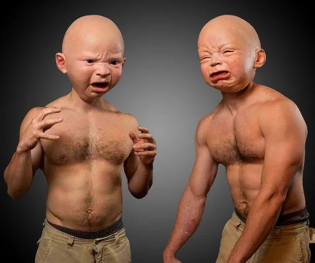 Latex baby face mask in angry, crying, or smiling doll style, 26cm x 26cm, for Halloween parties.