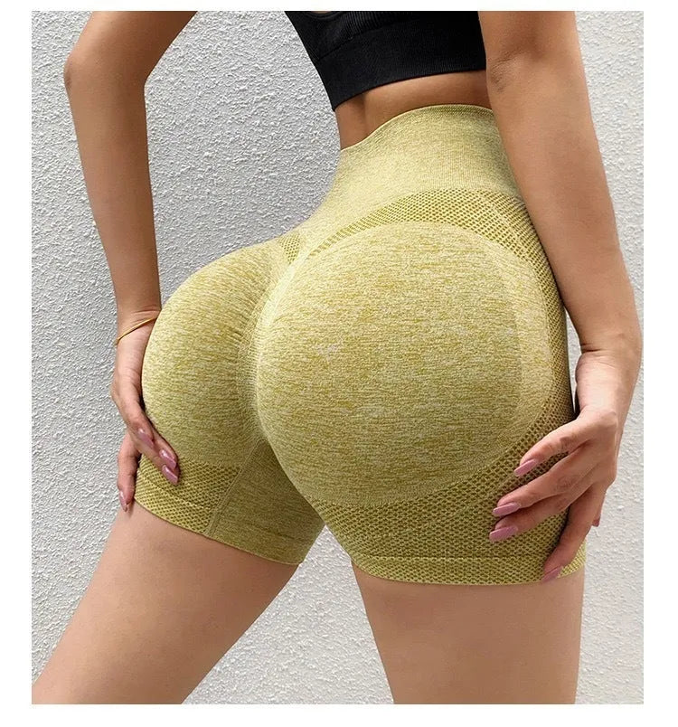 Women's high-waist yoga shorts in multiple colours with seamless waistband design for fitness