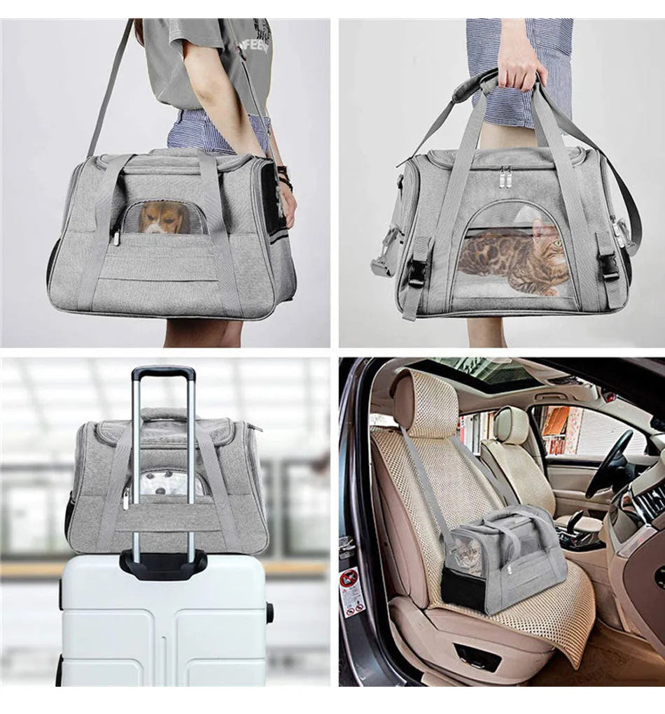 Portable Oxford cloth pet carrier bag for cats and dogs up to 10kg black exterior with mesh window and shoulder strap