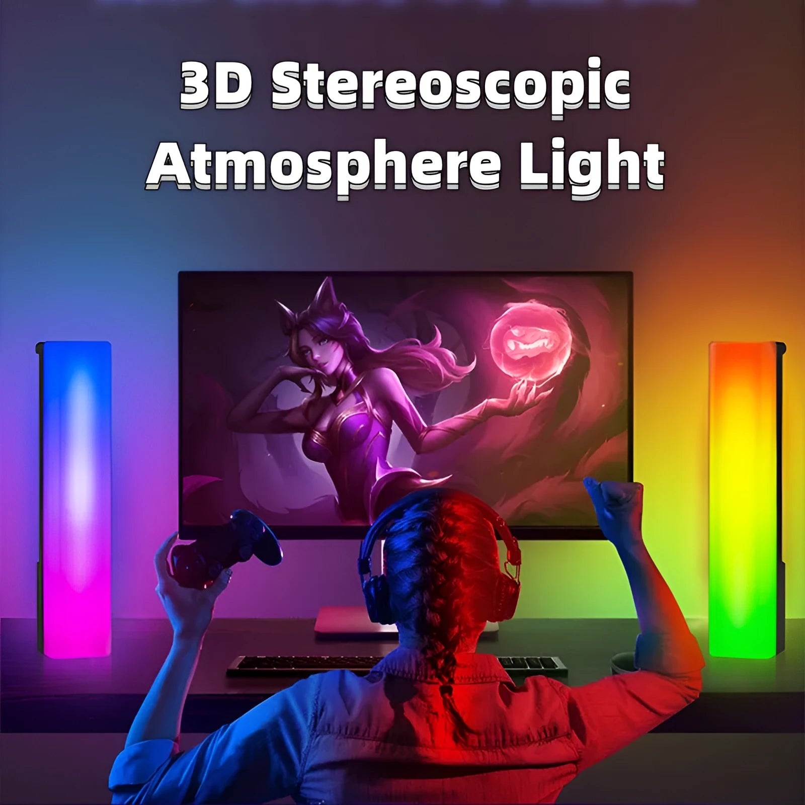 A tall, colourful RGB table lamp with a white or black shell reacting to sound on a desk.