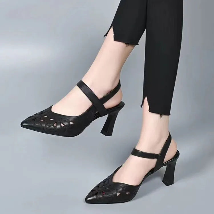 Red pointed toe high heel sandals with hollowed toe box and back-empty design