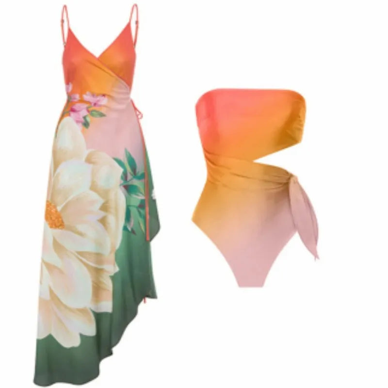 Women's one-piece swimsuit with a French retro printed pattern in a classic bikini cut.