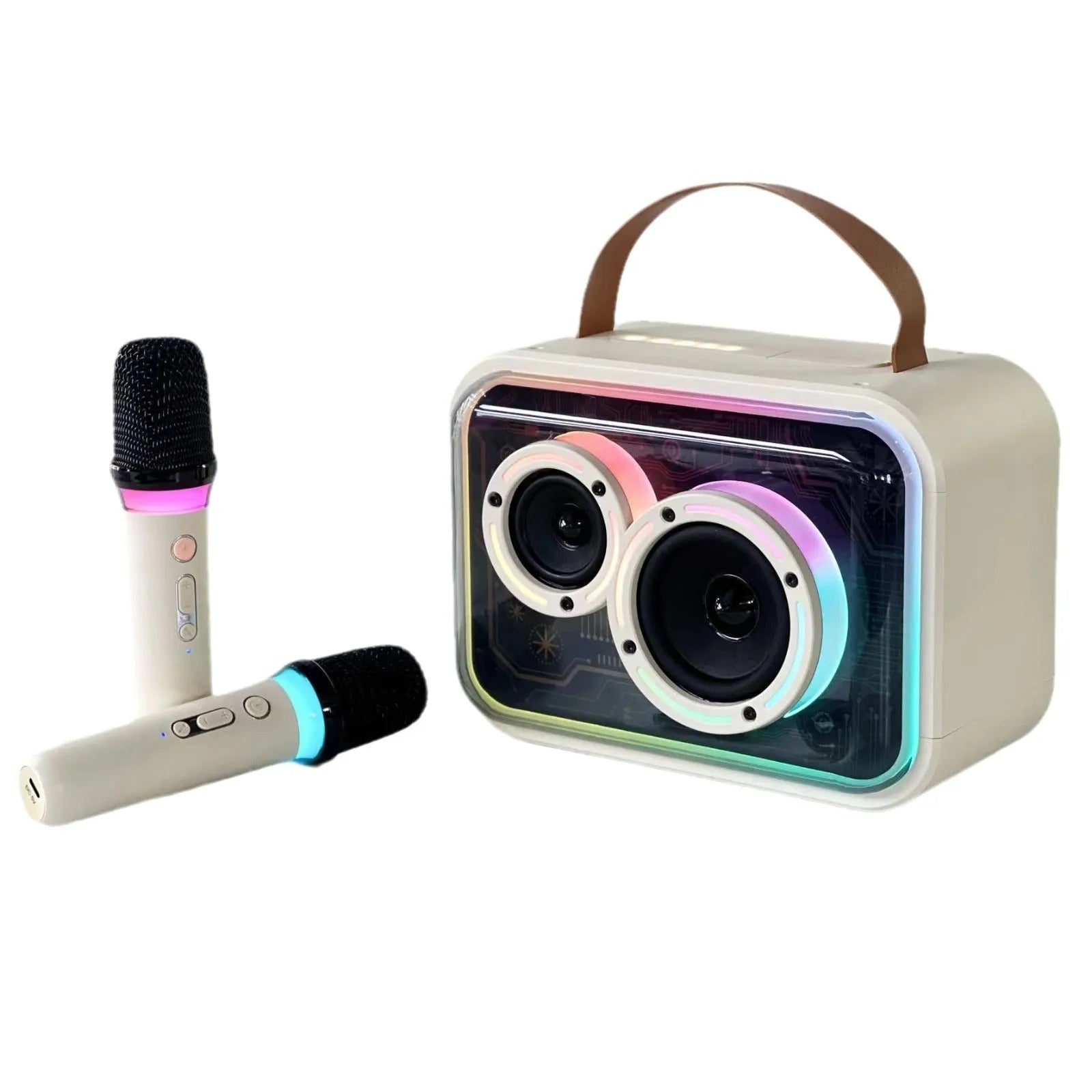 Light yellow portable Bluetooth karaoke speaker with colourful RGB lighting and microphone.