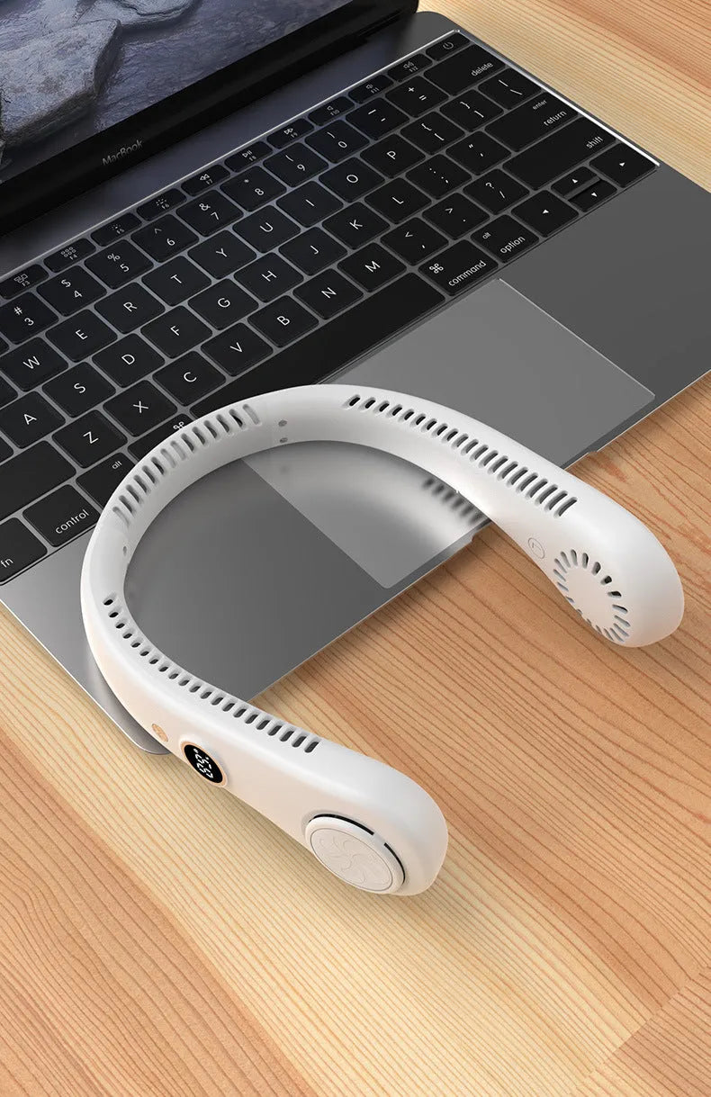 Pink bladeless neck-hanging personal fan with USB charging port.