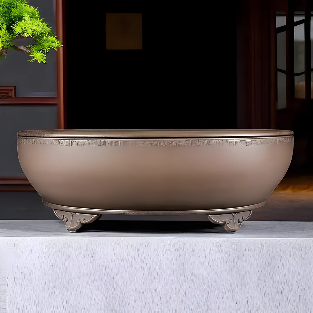 Handmade oval purple sand flowerpot for plants on desk or ground, 50 cm long.