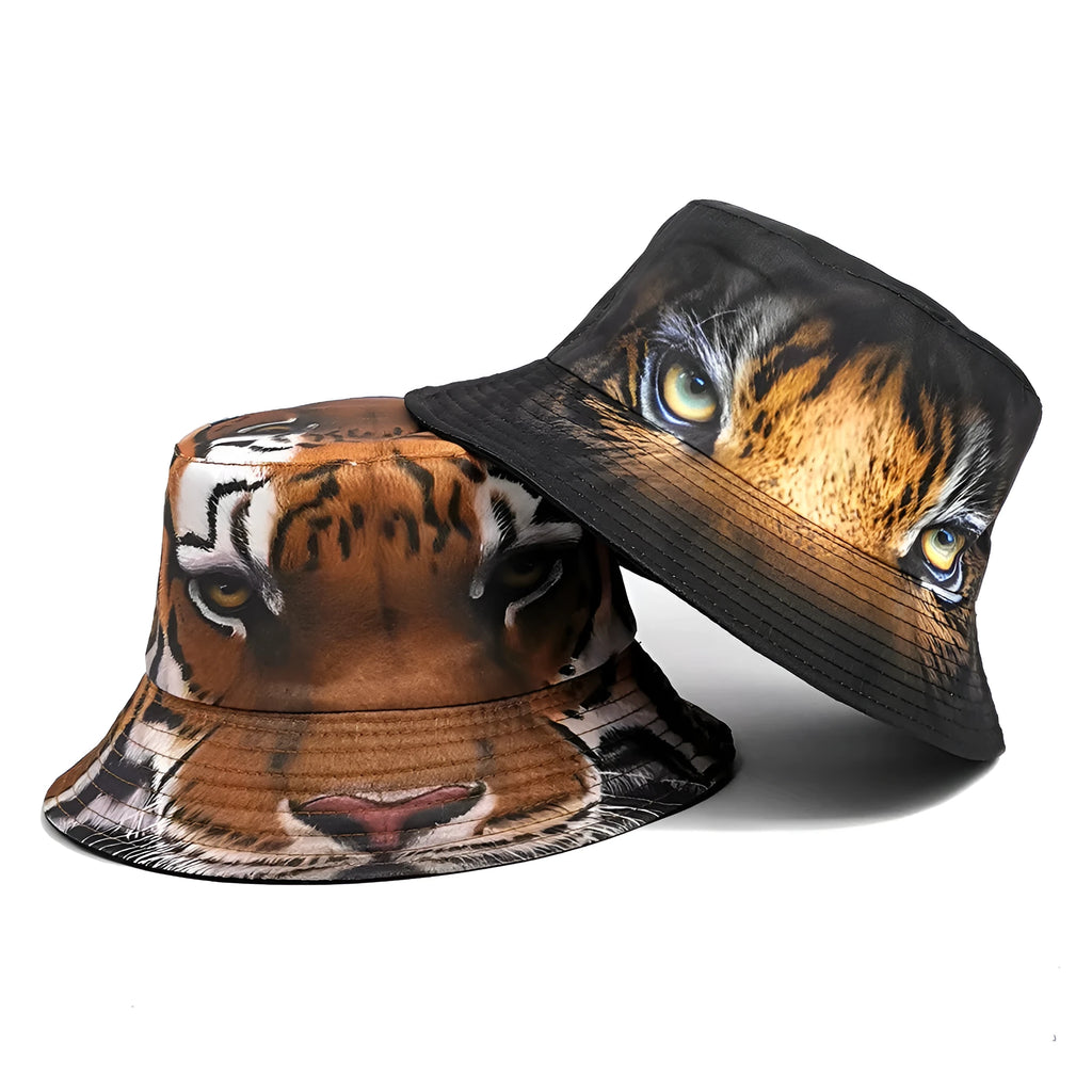 Tiger pattern bucket hat with dome crown in khaki animal print on polyester fabric