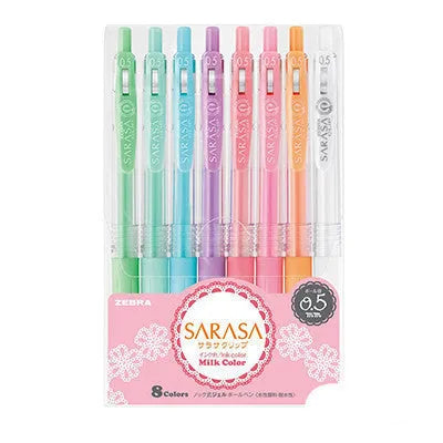 Eight colour press gel pens in milk shades with 0.5mm tip on white background