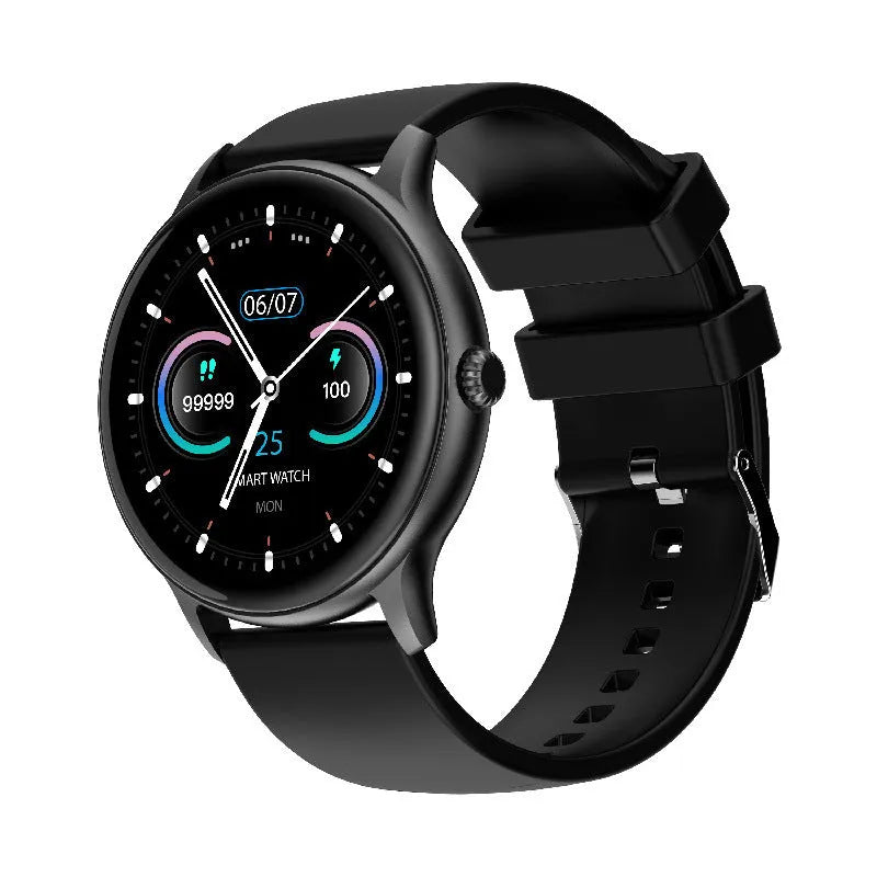 Black Bluetooth smartwatch with 1.28-inch screen on a silicone wristband, showing health metrics.