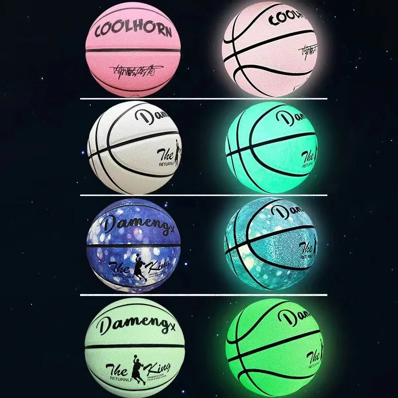 Luminous outdoor basketball with soft PU leather cover in glowing blue colour on outdoor court
