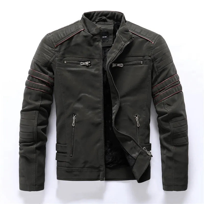 Men's vintage washed PU leather jacket with stand-up collar and zipper pockets, shown in army green