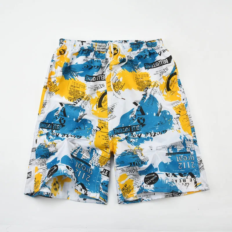 Men's floral printed swimming trunks in polyester with five-point design for beach and pool use