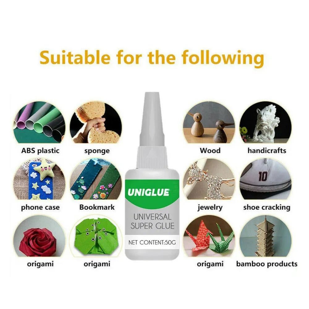 Uniglue Universal Super Glue tube with pin-point nozzle for crack repair, 30g and 50g sizes