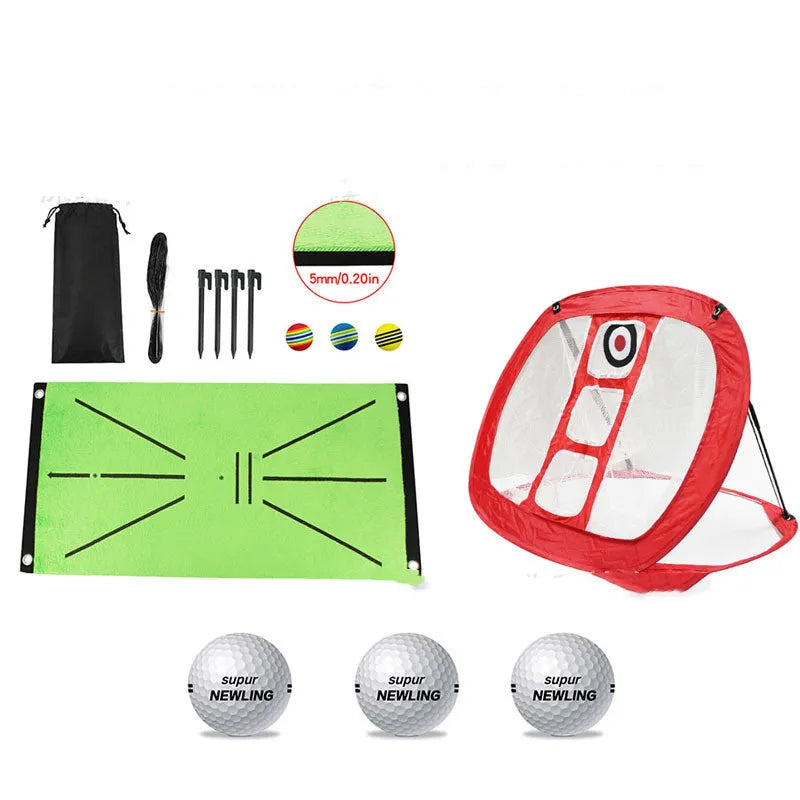Indoor golf practice cutting pad with crystal swan suede surface and three rainbow balls on SBR base