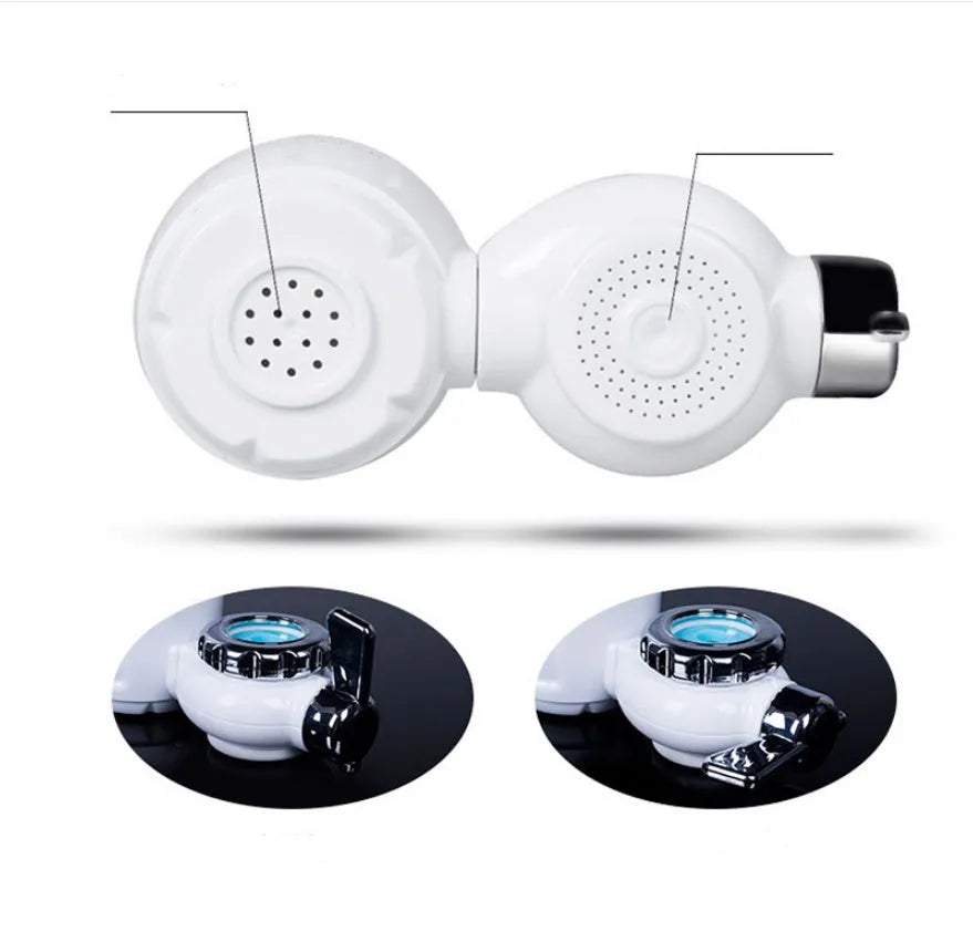 White plastic faucet water filter with ceramic cartridge and universal tap adapter kit.
