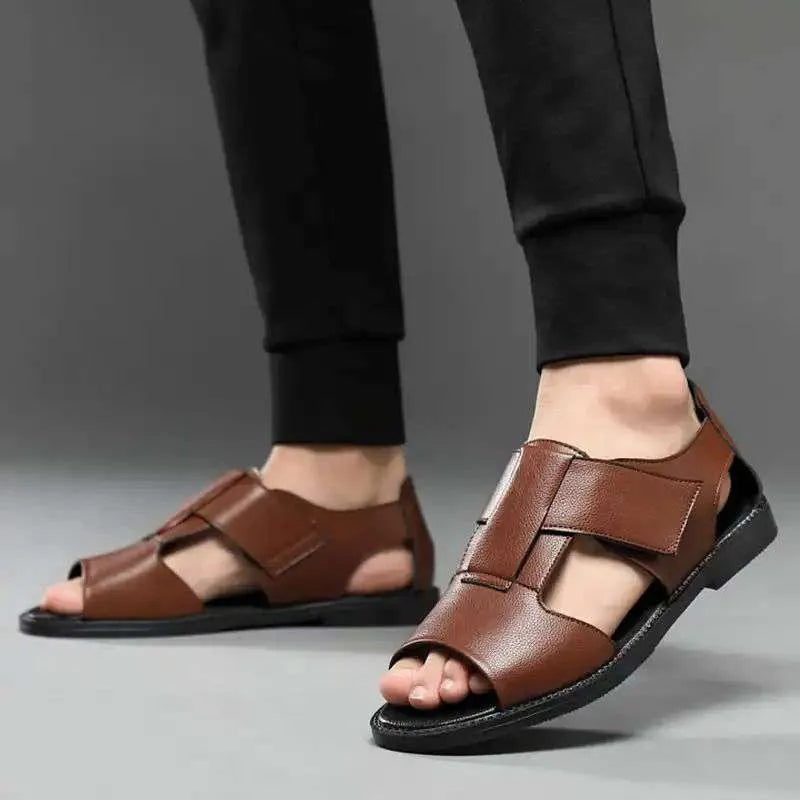 Men's black and brown casual sandals with open toe design and rubber sole